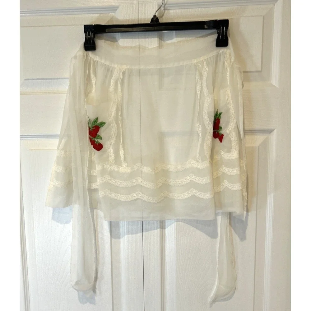 Vintage 1940s Sheer Organdy Eyelet Half Apron Women OS White Strawberry Floral
